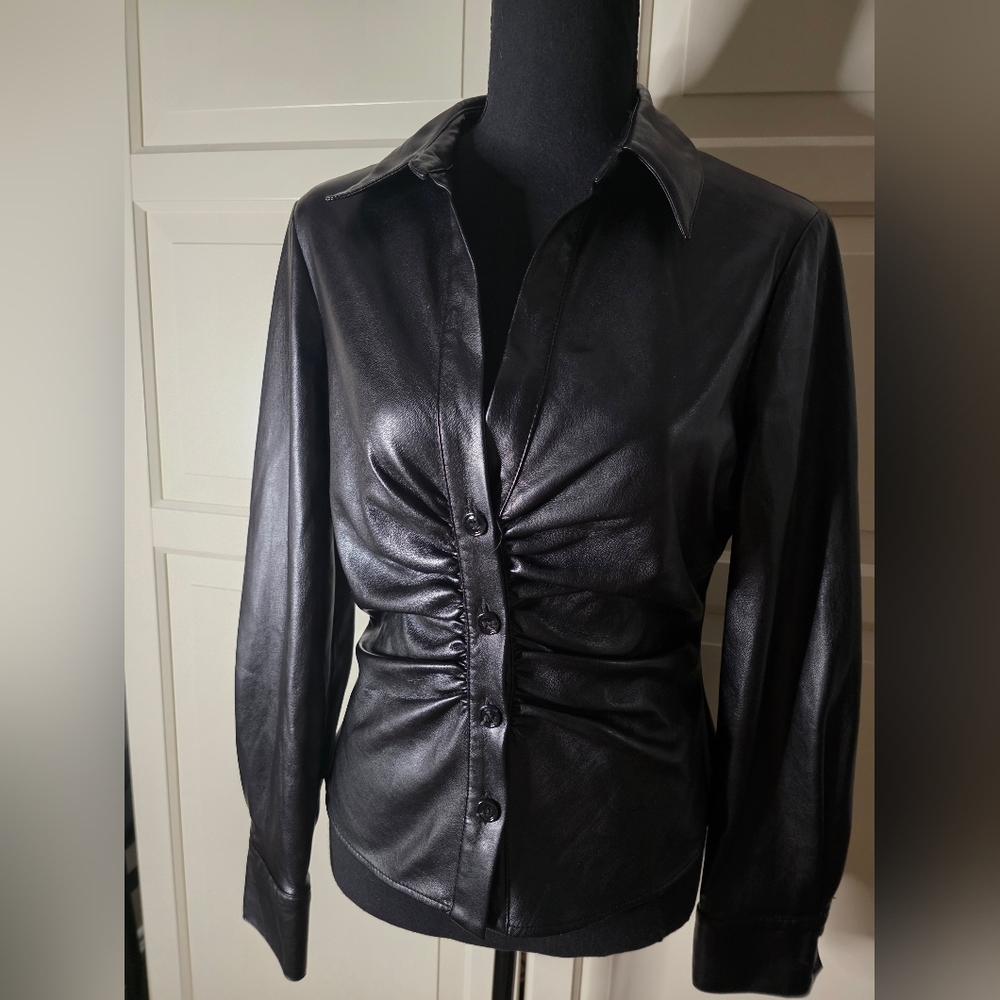 ZARA Faux Leather Button Down Shirt | Black Ruched Vegan Leather Top | Size M